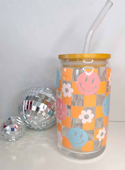 Checkered Smiley Glass Cup